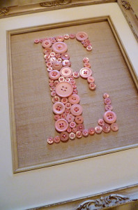 Personalized Vintage Style Nursery Letter Art -- Pink Buttons on Antique White Silk -- Ready To Frame in 8x10 Frame (frame not included)