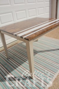 dark walnut stain, chalk painted table, vintage and modern style, grainsack striped table