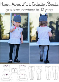 Jennuine Design Haven Acres Mini Collection Bundle girls' sizes newborn to 12 years. Includes Sweet Pea Cap, Haven Acres Blouse, and Dressage Leggings