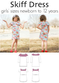 Skiff Dress Expansion by Jennuine Design. A-line bateau colorblocked dress for girls' sizes newborn to 12 years. Optional on-trend flounce and/or elasticated waist. Straight or curved hems.