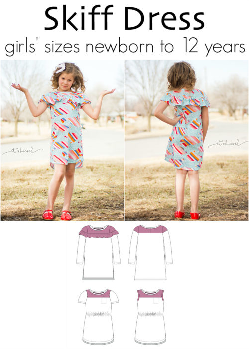 Skiff Dress Expansion by Jennuine Design. A-line bateau colorblocked dress for girls' sizes newborn to 12 years. Optional on-trend flounce and/or elasticated waist. Straight or curved hems.