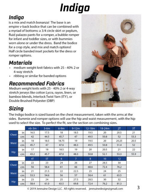 Jennuine Design Indigo Size Chart