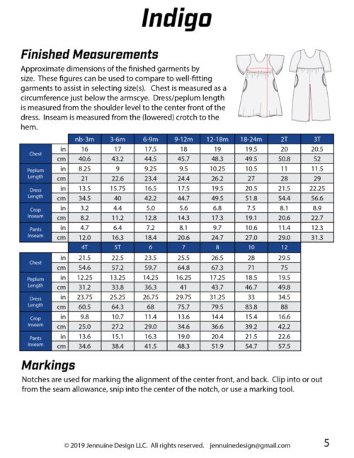 Jennuine Design Indigo Finished Measurements