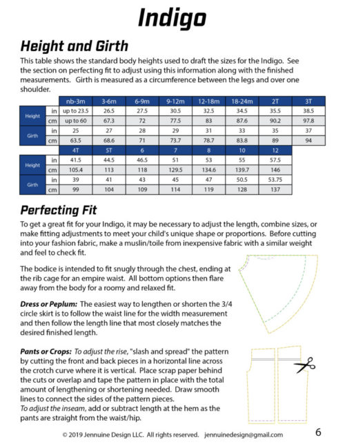 Jennuine Design Indigo Height and Girth Chart