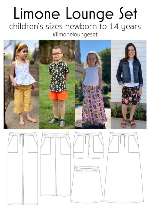 Jennuine Design Limone Lounge Set unisex children's pattern for sizes newborn to 14 years. Shorts, Bermudas, Crops, Pants, Knee Length Skirt, Maxi Skirt