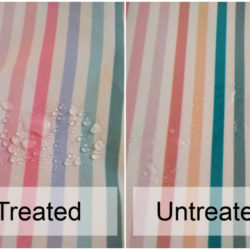 Side by side comparison of water sprayed onto treated and untreated board short fabric. The treated fabric beads and the untreated fabric spreads out.