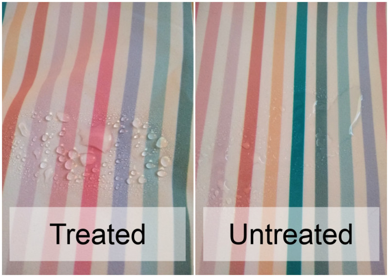 Side by side comparison of water sprayed onto treated and untreated board short fabric. The treated fabric beads and the untreated fabric spreads out.