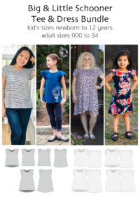 Jennuine Design Big & Little Schooner Tee & Dress PDF pattern. Children's sizes newborn to 12 years. Adult sizes 000 to 34. Ingenious ruffled dolman a-line tee or dress.